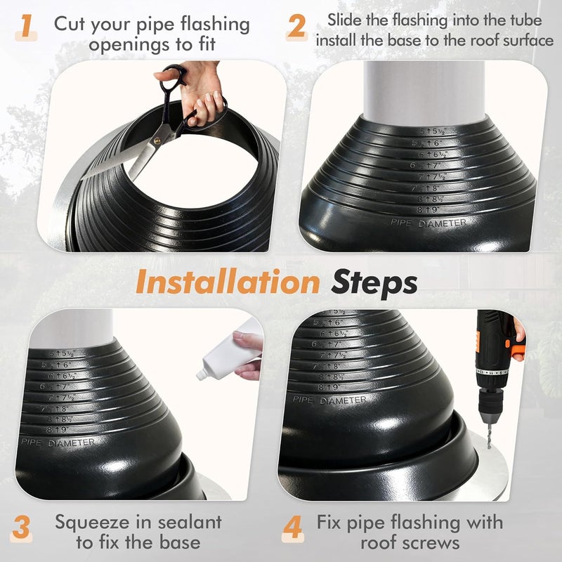 ACNOYEL #6 Epdm Metal Roof Vents Roof Pipe Flashing Boot, Flexible Roof Chimney Flashing Roof Jack for Pipe OD 5" to 9", Screws & Hex Socket Included, Black/ 1 Pcs - Image 4
